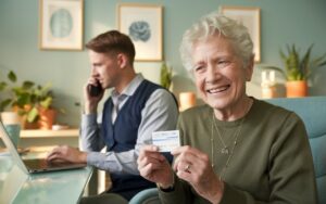 Confident insurance agent reviewing CMS-compliant Medicare leads on a laptop, surrounded by happy senior clients.