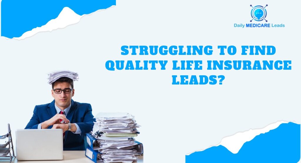 Frustrated insurance agent holding papers on his head, overwhelmed by low-quality leads.