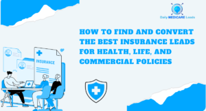 People discussing insurance plans with a large document labeled "Insurance" in the center, representing the concept of finding and converting health, life, and commercial insurance leads.