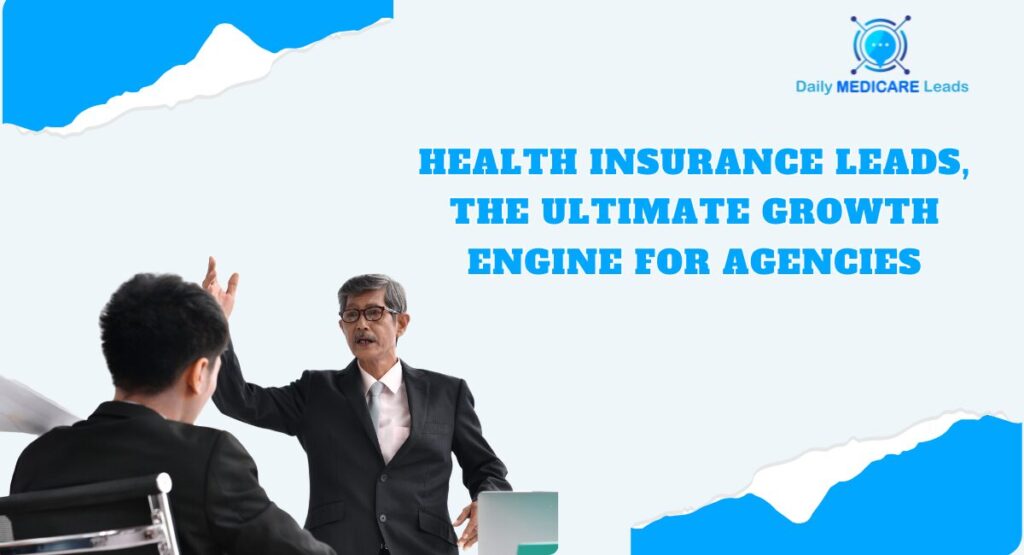 Two business professionals in a meeting, with a speaker presenting under the headline “Health Insurance Leads, The Ultimate Growth Engine for Agencies” from Daily Medicare Leads.