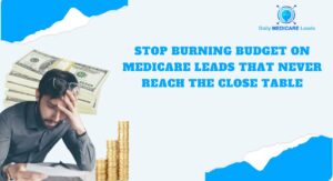 Frustrated businessman with money stacks symbolizing wasted Medicare leads budget.