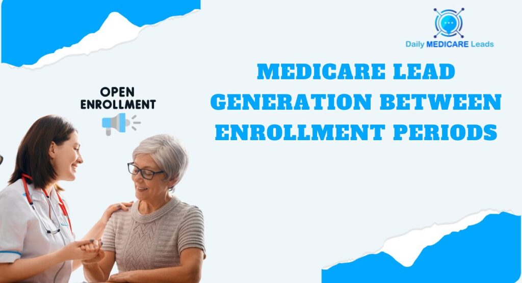 Nurse smiling and speaking with a senior woman, representing Medicare lead generation during open enrollment, with the Daily Medicare Leads logo.