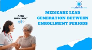 Nurse smiling and speaking with a senior woman, representing Medicare lead generation during open enrollment, with the Daily Medicare Leads logo.