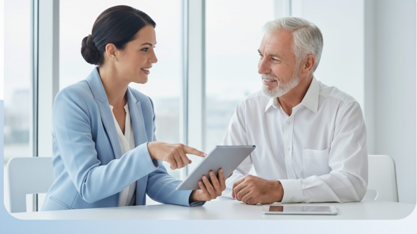 Professional insurance agent explaining Medicare options to a senior client on a tablet.