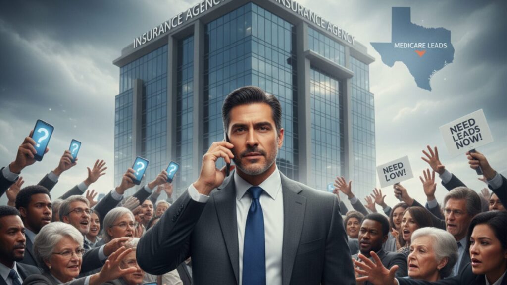 Business professional standing in front of an insurance agency building with a crowd holding signs like “Need Leads Now!” and “Need Low!” emphasizing the demand for Medicare leads in Texas.