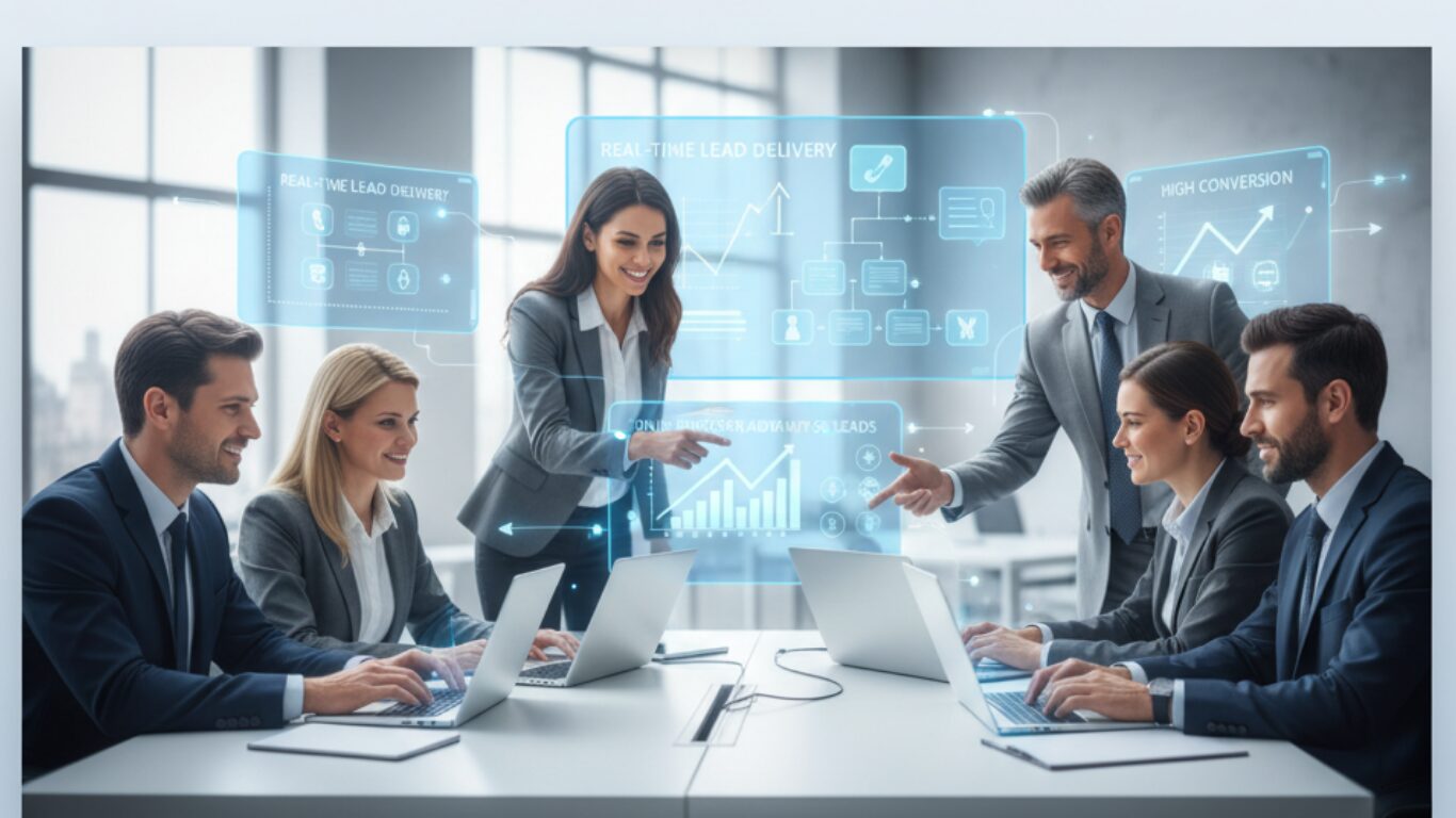 Business team discussing real-time lead delivery options with data charts and high conversion insights.