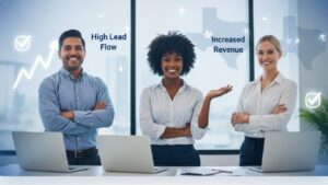 Group of confident Texas insurance agents smiling in a modern office with laptops, graphs, and Texas icons symbolizing growth, lead flow, and revenue.