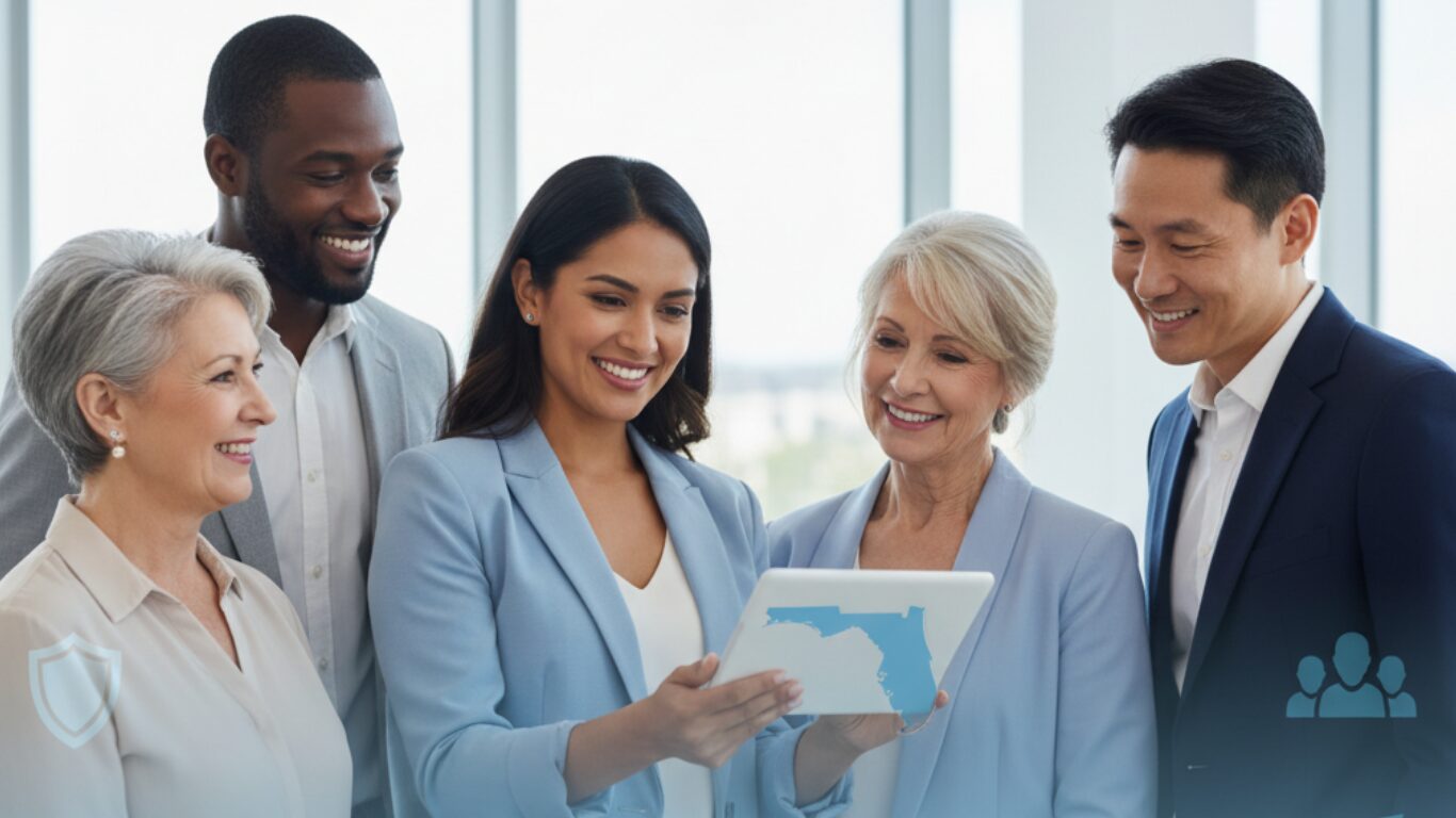 A confident insurance professional presenting Florida Medicare lead opportunities to smiling agents and seniors, symbolizing trust and partnership.