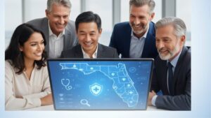 Business professionals standing on a world map shaking hands, symbolizing trusted partnerships and growth.