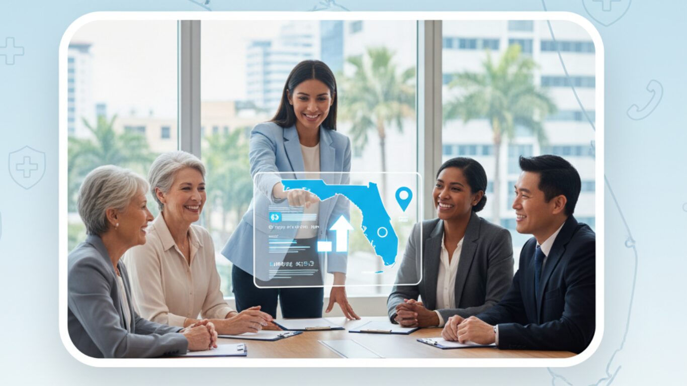 A confident insurance professional presenting pre-qualified Medicare leads designed specifically for Florida insurance agencies, helping them connect with seniors ready to enroll.