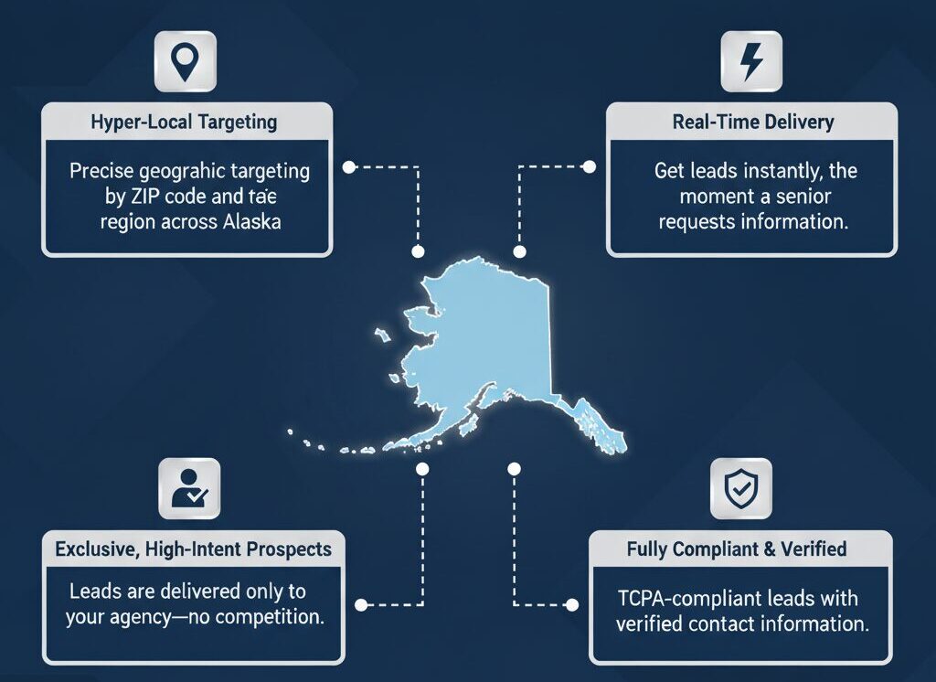 Insurance agent shaking hands with senior clients in Alaska, showcasing verified Medicare Advantage leads and compliance icons.