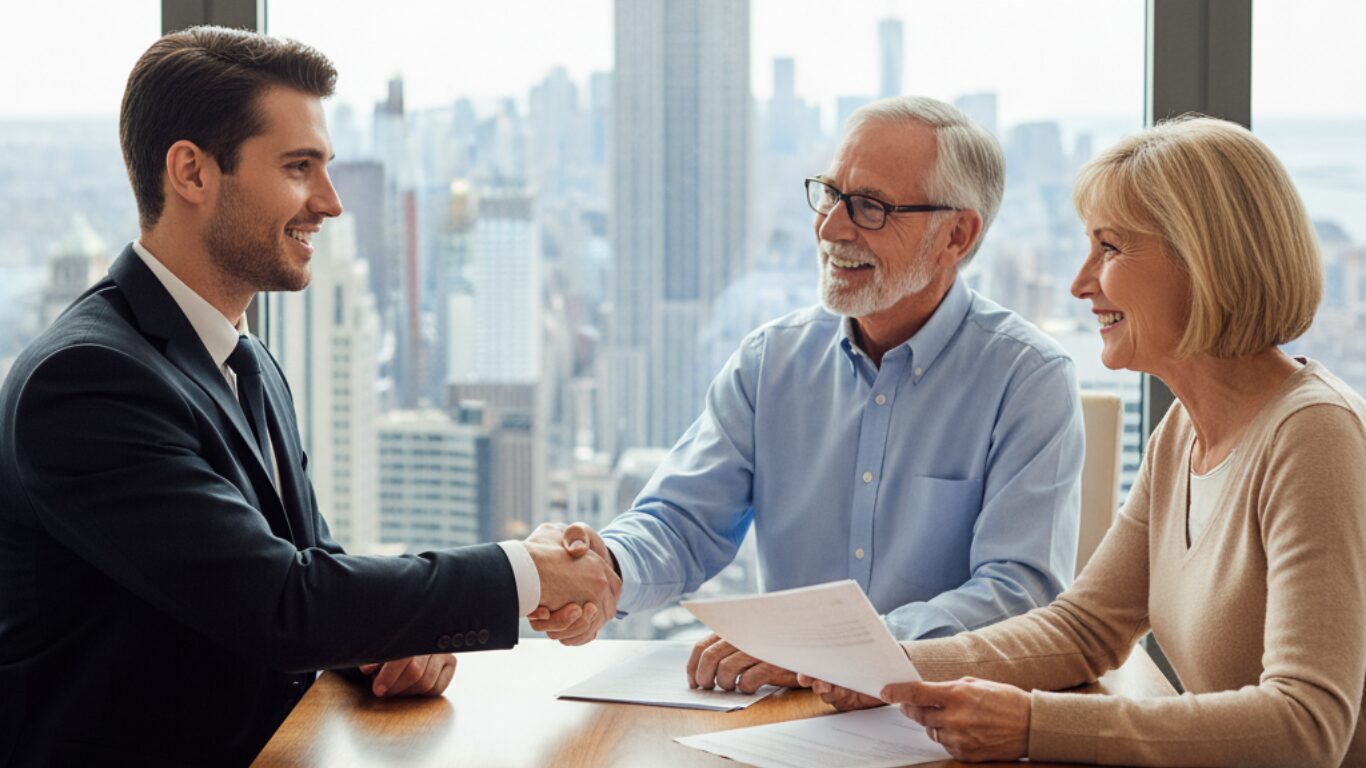 A professional insurance agent in a business suit shakes hands with a smiling senior couple in an office with New York City skyline in the background, symbolizing trust and successful Medicare lead generation for agencies.