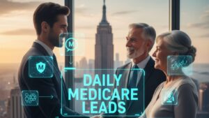 A confident insurance agent shakes hands with a smiling senior couple in a modern New York office with the Empire State Building in the background. Digital Medicare graphics overlay the scene with the text “Daily Medicare Leads.