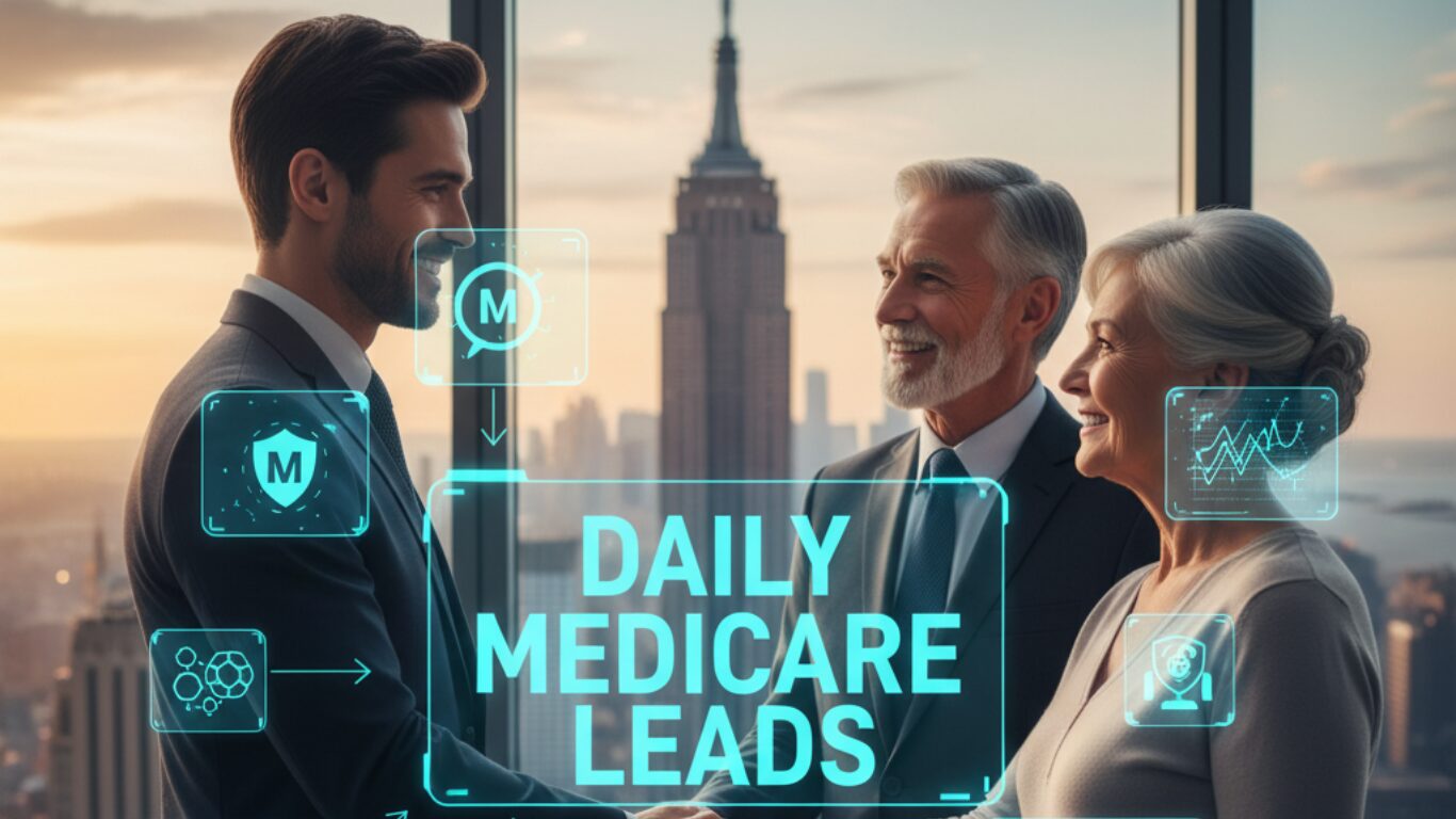 A confident insurance agent shakes hands with a smiling senior couple in a modern New York office with the Empire State Building in the background. Digital Medicare graphics overlay the scene with the text “Daily Medicare Leads.