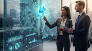 Two business professionals analyze a futuristic digital map of New York with advanced targeting capabilities, showcasing Medicare lead generation technology.