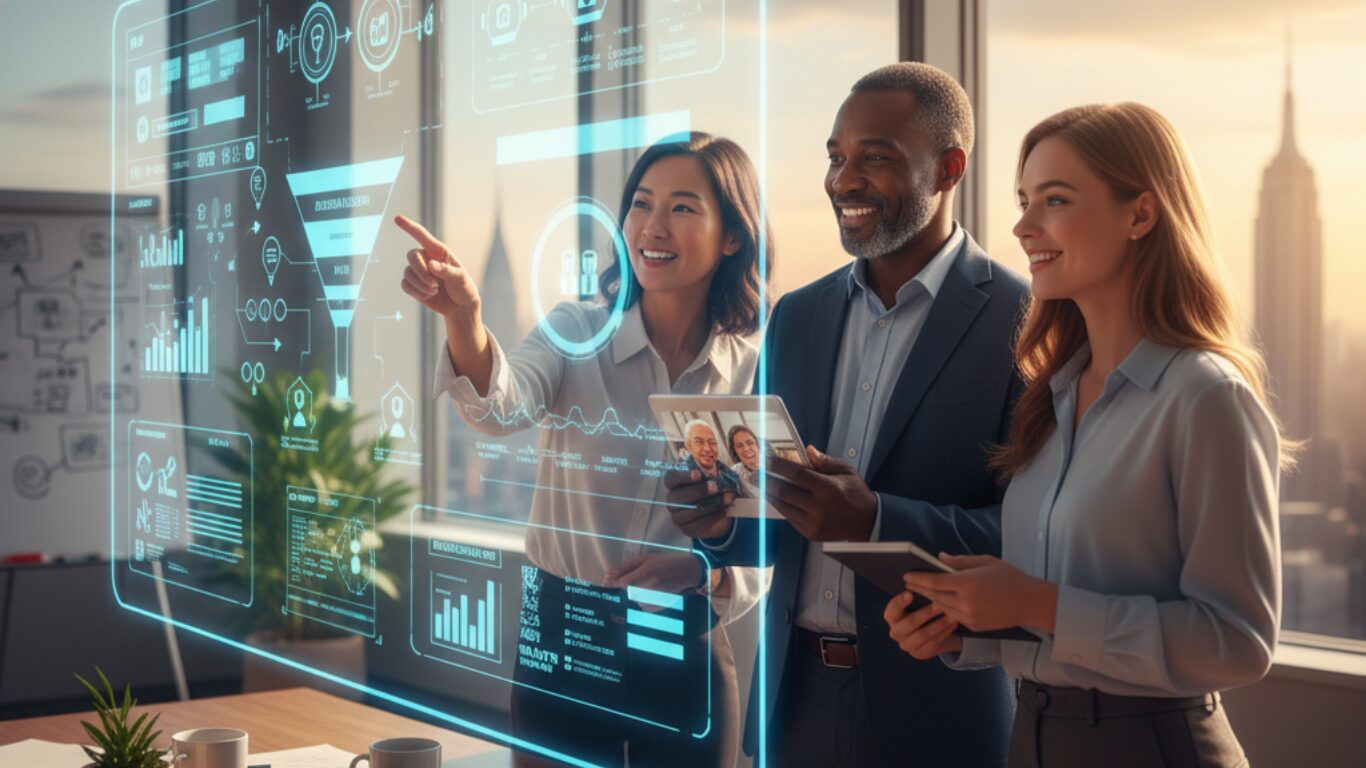 A diverse team of professionals in a New York office analyzing Medicare lead generation data on a futuristic digital dashboard.