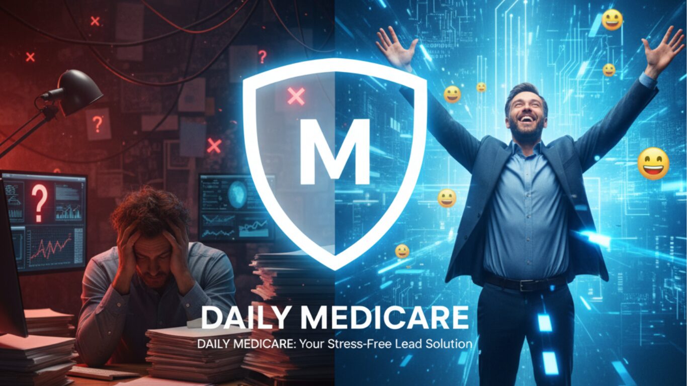 A split-screen concept showing the struggle of unqualified leads on the left and success with Daily Medicare on the right, highlighting stress-free Medicare lead solutions.