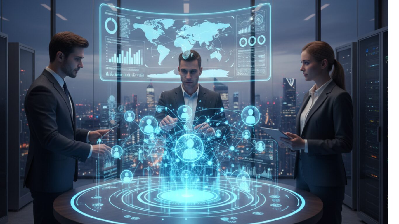 Business professionals analyzing digital network connections with futuristic holographic data visualization.