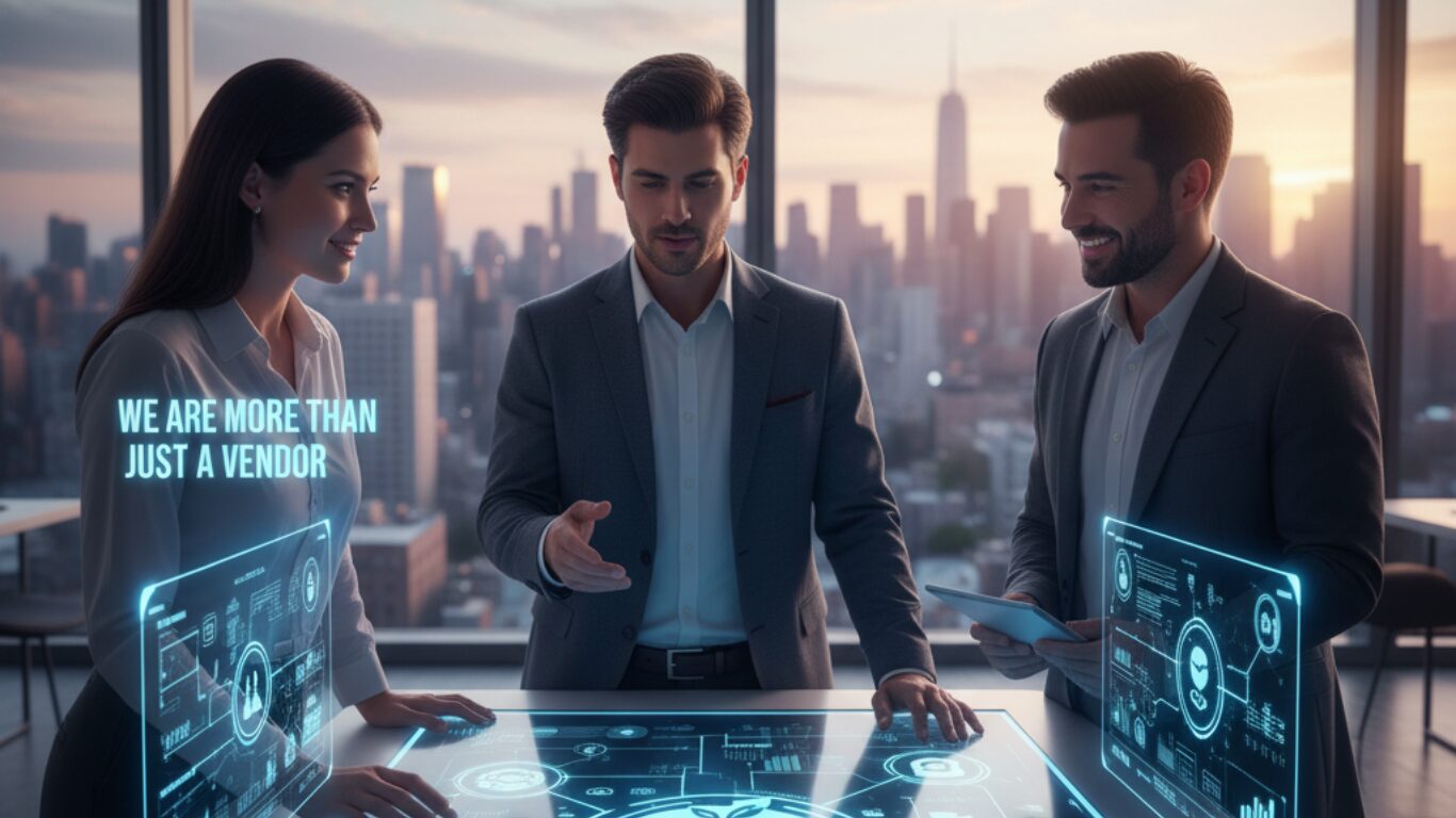 Business professionals collaborating with digital data dashboards, highlighting trust and partnership beyond vendor relationships.