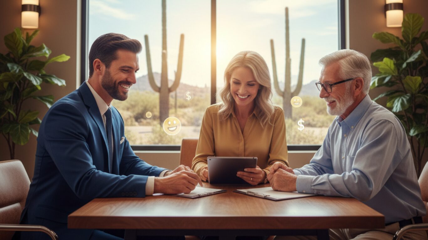 Insurance agent meeting with senior clients, discussing Medicare plan options with digital tools, symbolizing trust and satisfaction.
