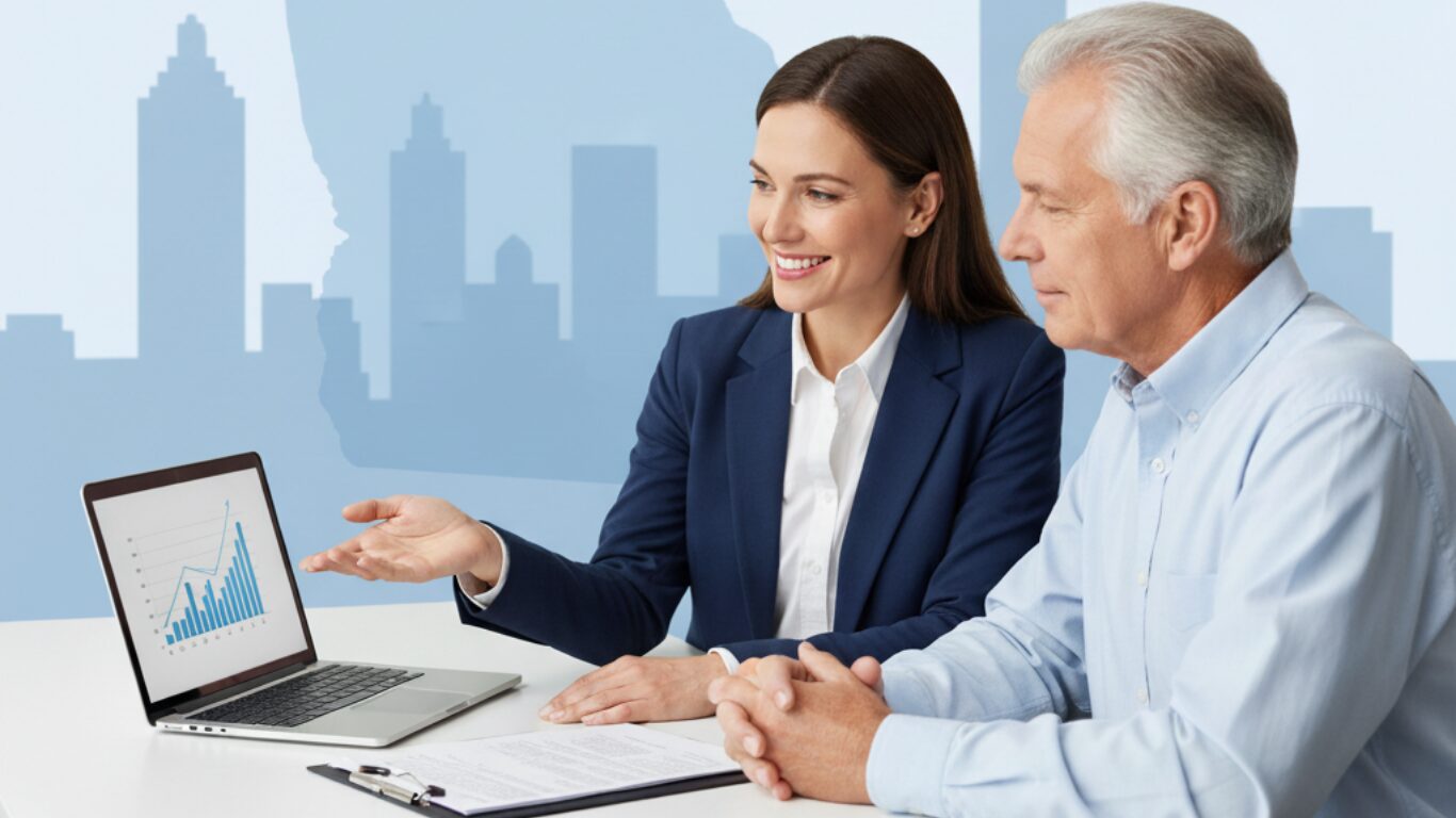 Insurance agent showing Medicare lead growth chart to senior client during consultation.