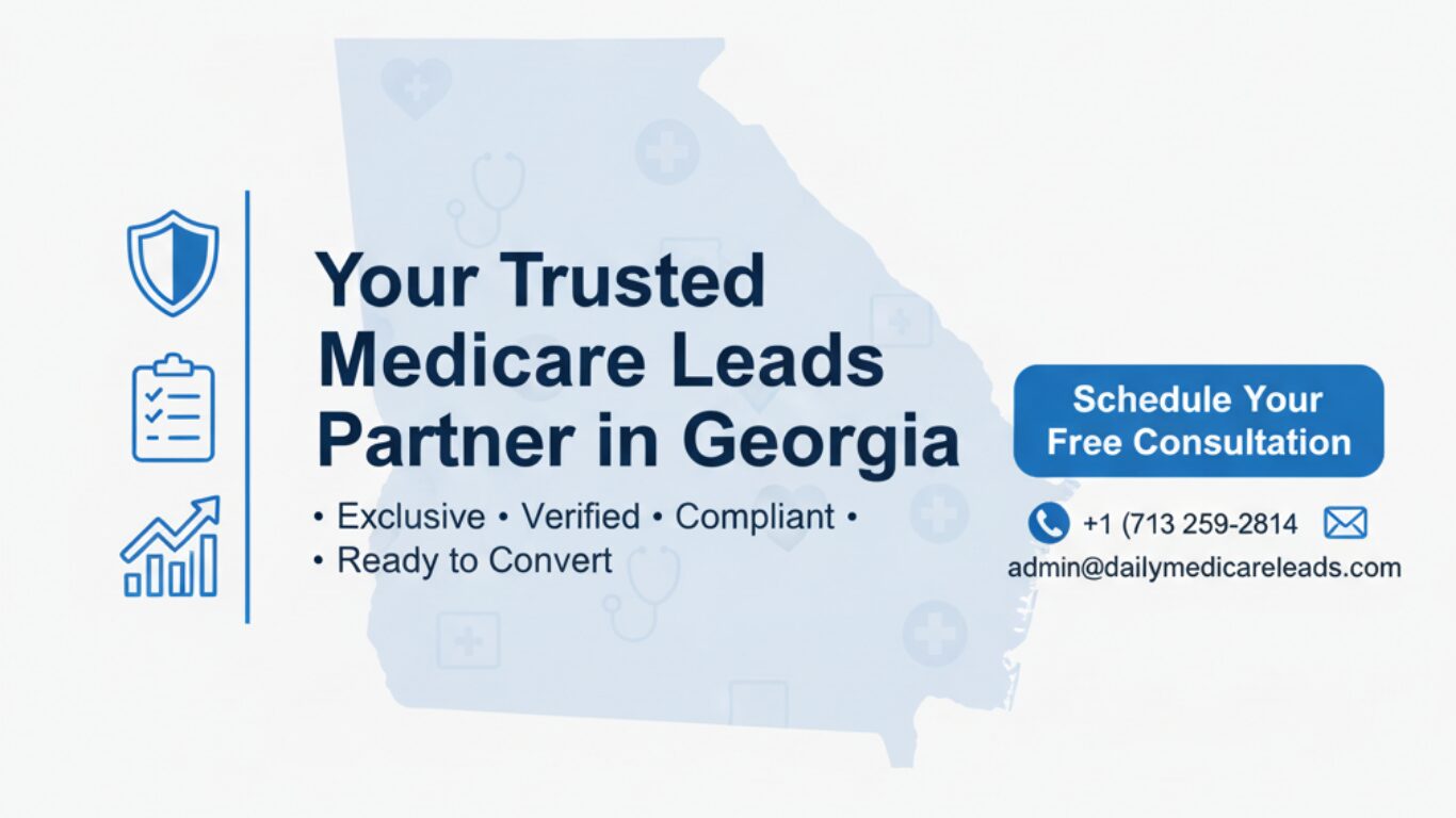 End-of-page banner for Daily Medicare Leads highlighting trusted Medicare lead generation services in Georgia with icons, headline, and call-to-action.