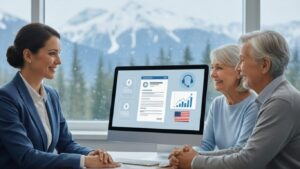 A professional insurance agent assisting a senior couple with Medicare Advantage plans in Alaska, featuring digital charts and U.S. healthcare visuals.