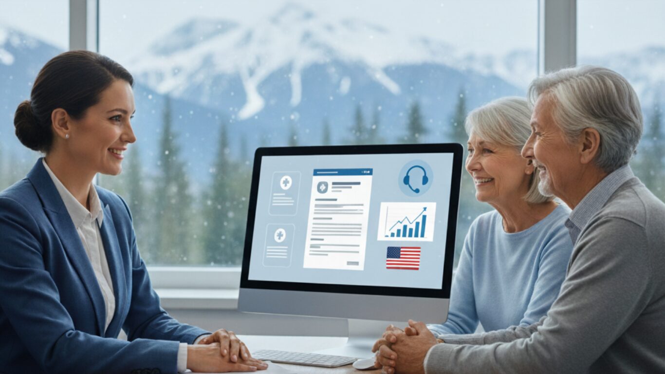 A professional insurance agent assisting a senior couple with Medicare Advantage plans in Alaska, featuring digital charts and U.S. healthcare visuals.
