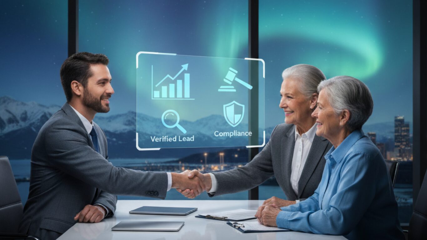 Insurance agent shaking hands with senior clients in Alaska, showcasing verified Medicare Advantage leads and compliance icons.