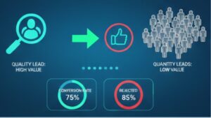 Comparison graphic showing a high-value quality lead with a high conversion rate versus a large group of low-value quantity leads with a high rejection rate.
